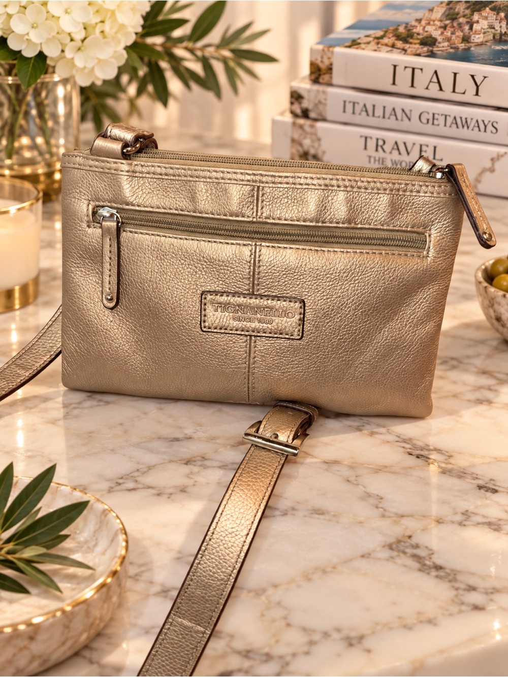 Tignanello Metallic Leather Organizer Crossbody Wallet Bag | Vintage
